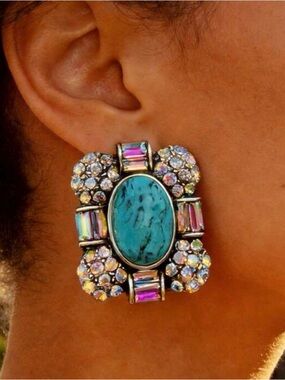 Turquoise Oval Crystal Cluster Statement Earrings - Women Jewelry